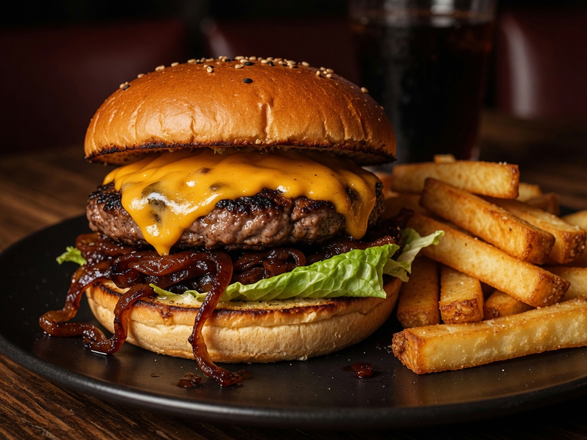 Hereford burger z serem, karmelizowaną cebulą i frytkami