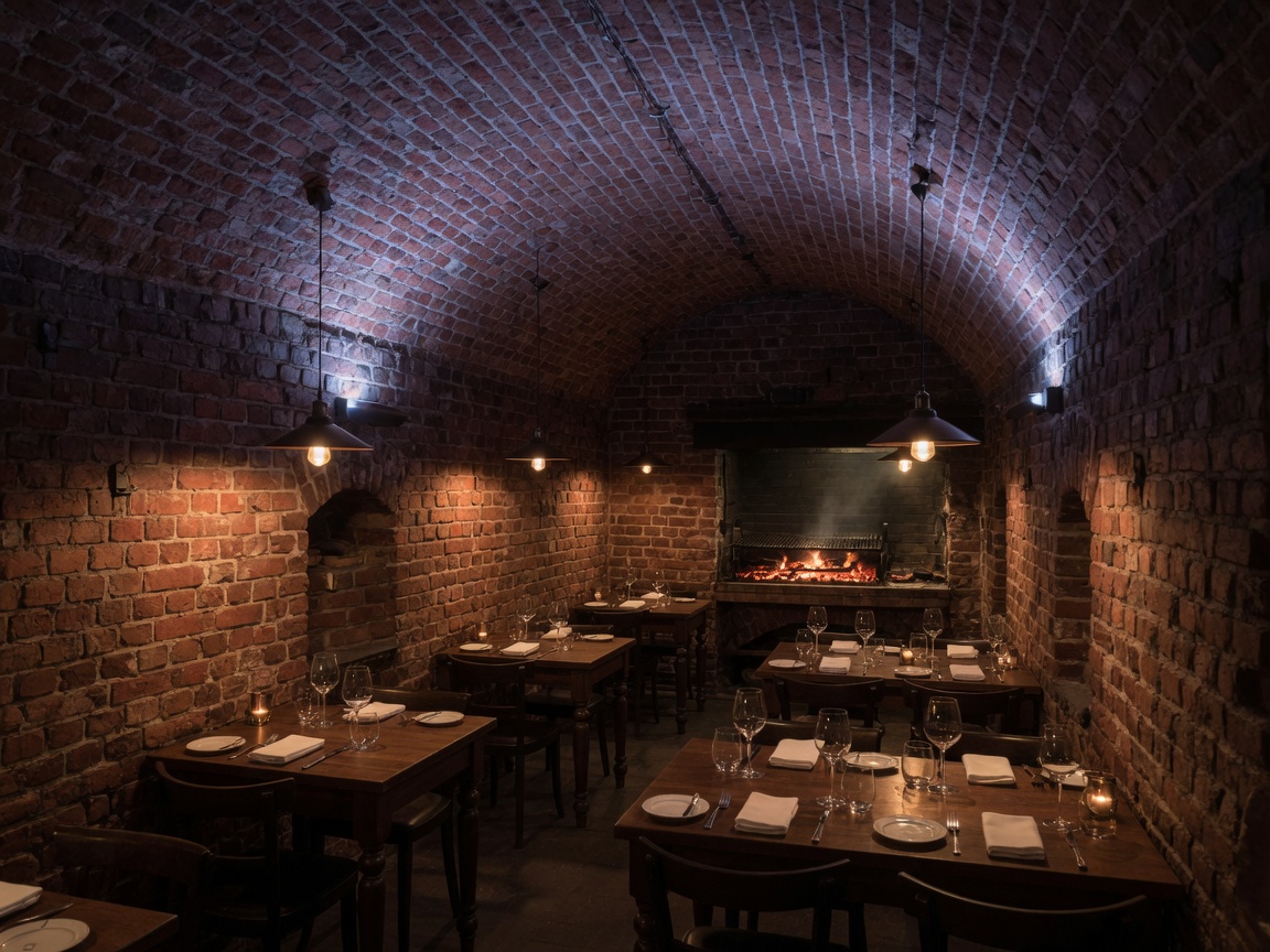 Sala restauracji w ceglanych kazamatach Fortu 8, ruszt na węgiel w głębi