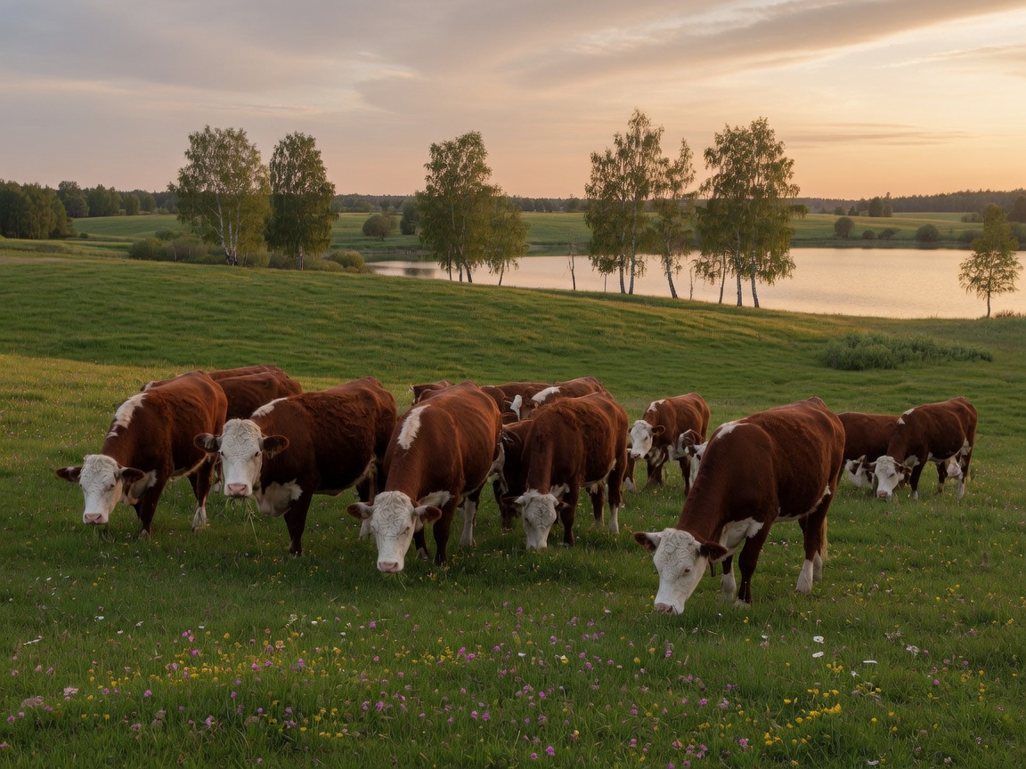 Bydło Hereford na pastwiskach Warmii o zachodzie słońca