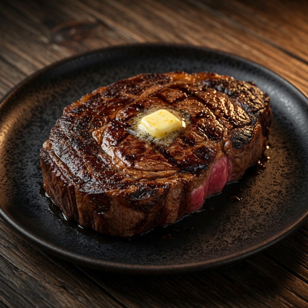 Rib Eye z rusztu, medium-rare, masło ziołowe